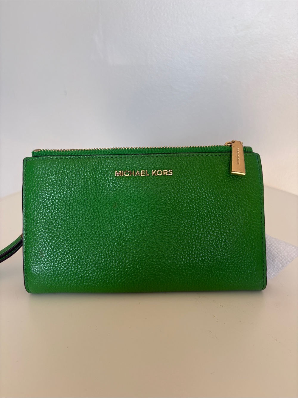 Michael Kors Emerald Pebbled Leather Wristlet with Gold Hardware